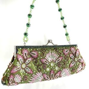 Fashion Express Beaded Floral Bag - Green & Pink